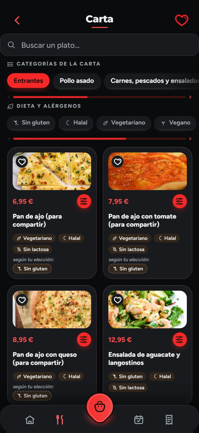 La carta en la app, con fotos, categorías y filtros de dieta y alérgenos
