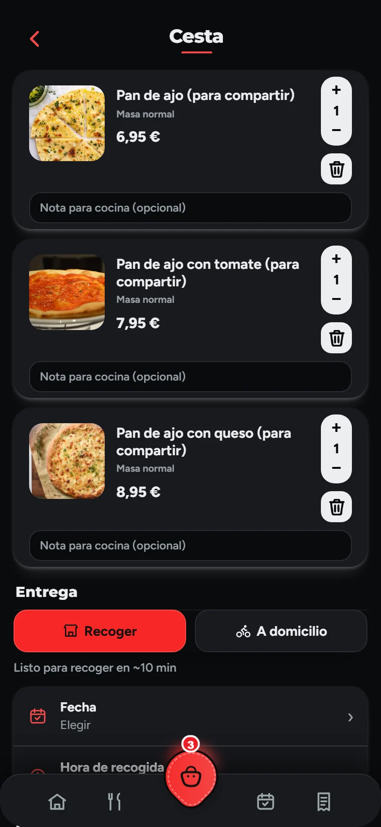 La cesta con tres platos, para recoger o a domicilio