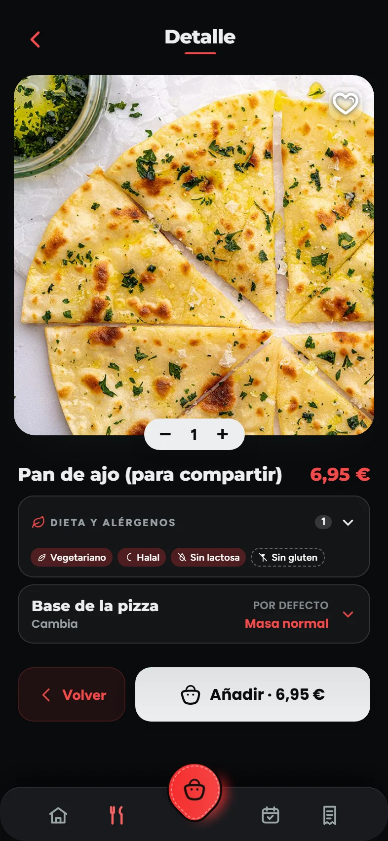 La ficha de un plato en la app: la foto, sus etiquetas de dieta y alérgenos, y la base de la pizza a elegir