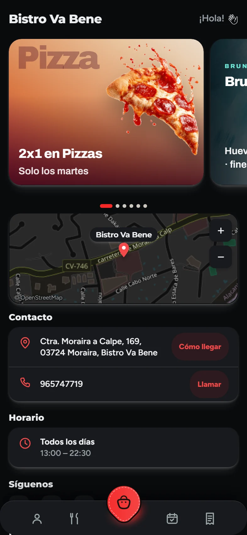 Inicio de la app del restaurante: promociones, mapa, contacto y horario