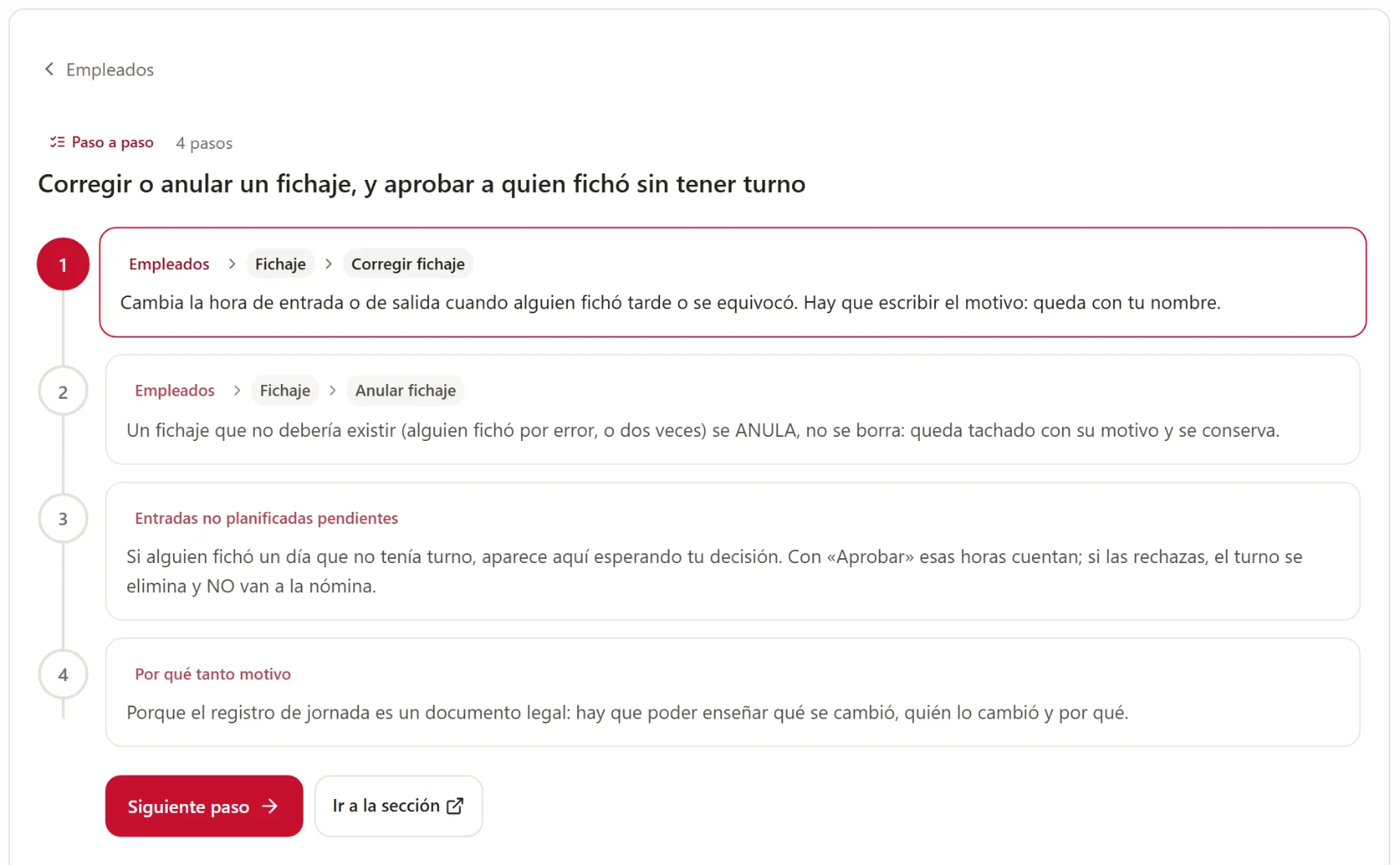 Una guía abierta en el panel: cuatro pasos para corregir o anular un fichaje