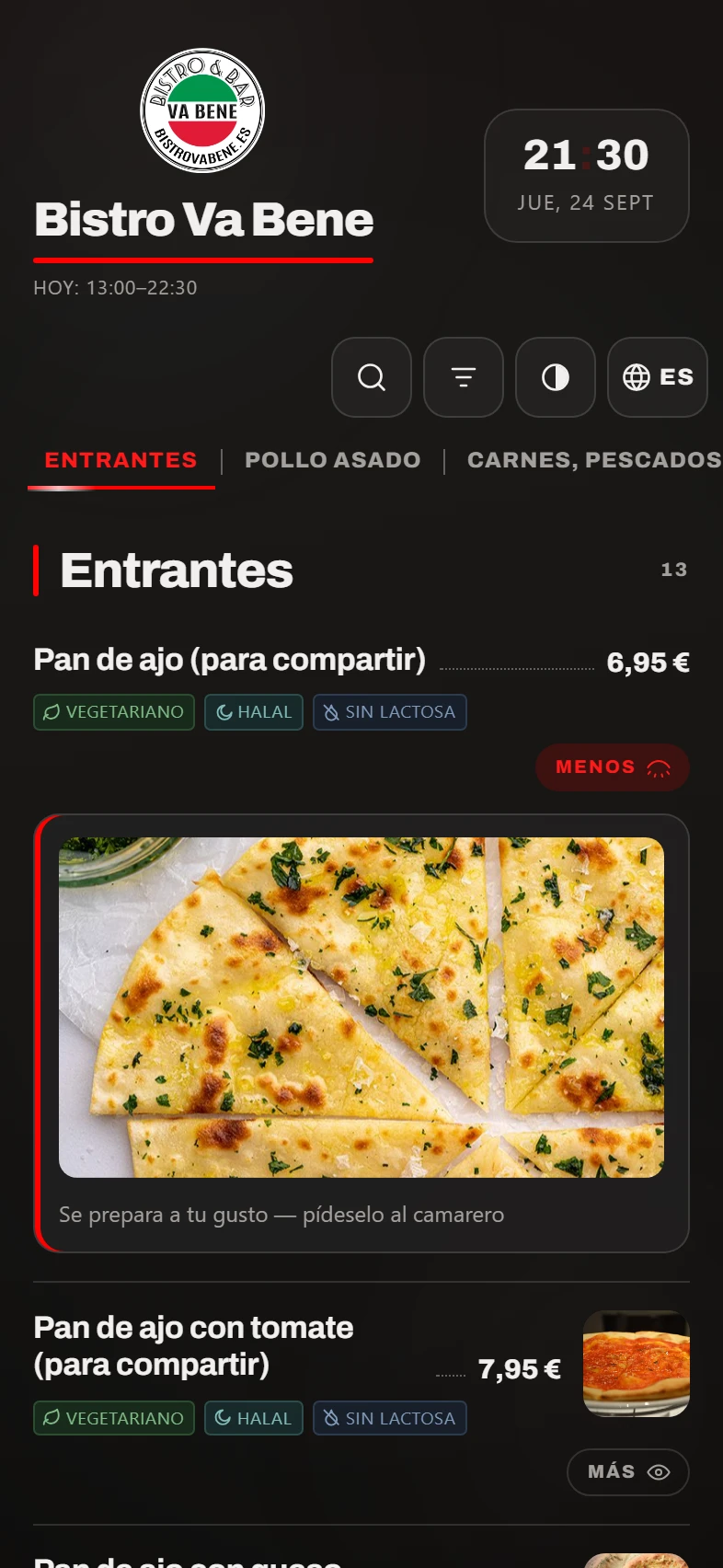 A dish page in the app: the photo, its diet and allergen tags, and the choice of pizza base
