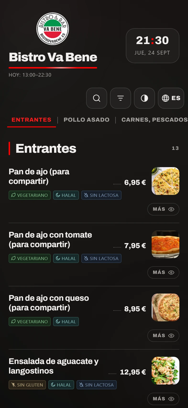 La carta en el móvil del cliente, con fotos y etiquetas de dieta