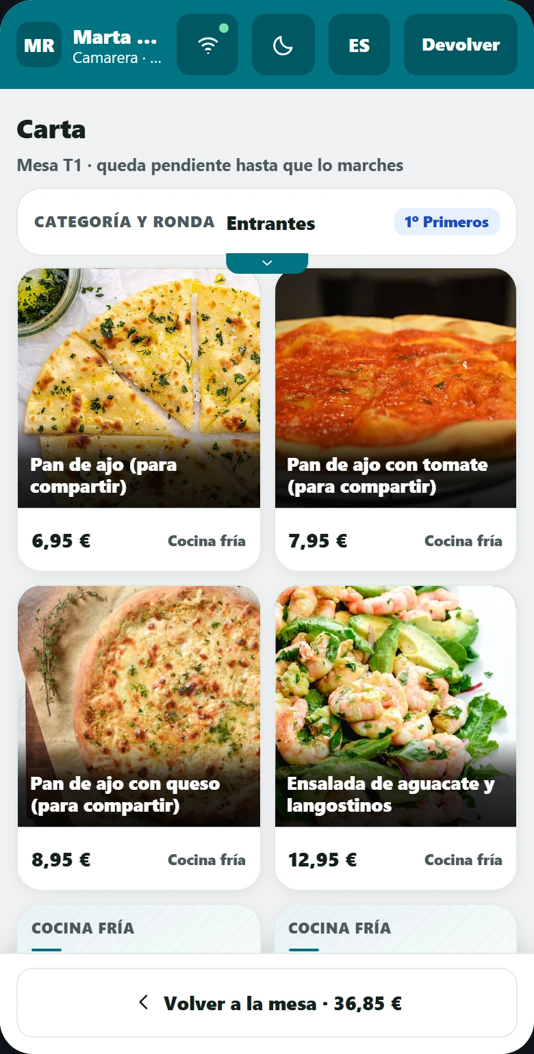 La misma carta en la comandera del camarero