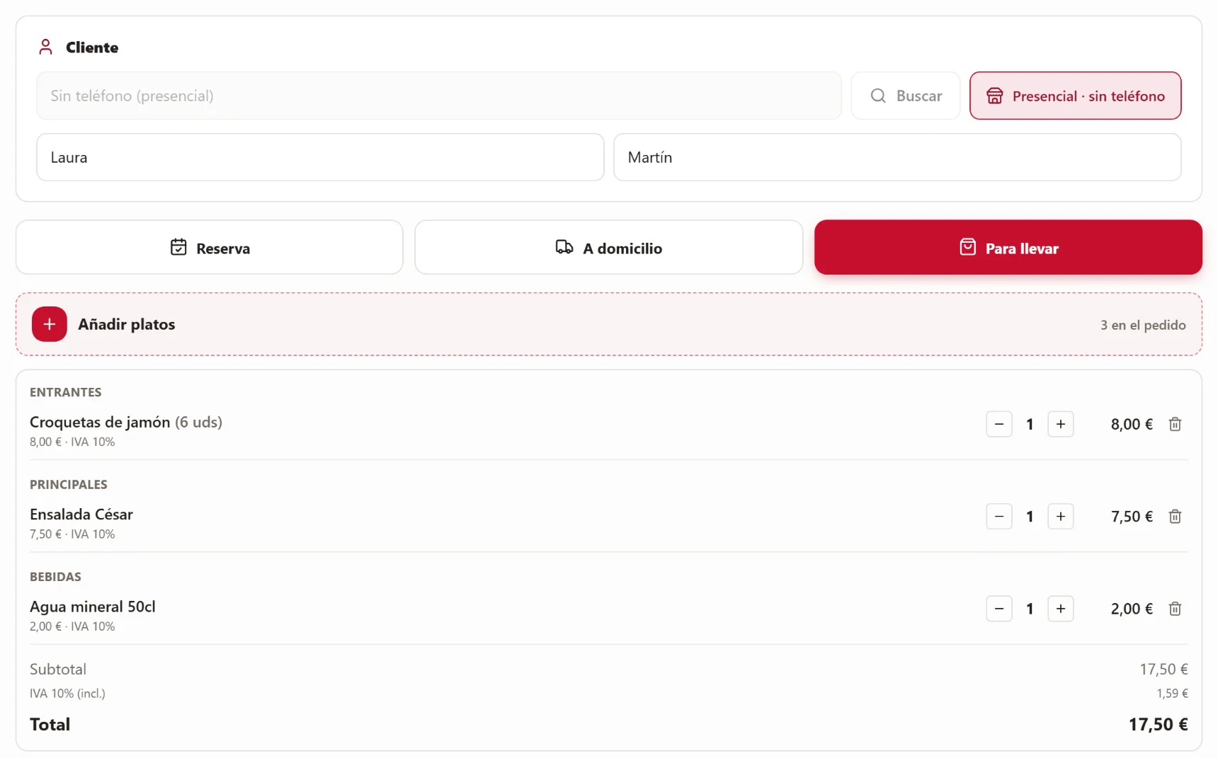 El Mostrador del panel: un pedido para llevar de un cliente en la barra, con tres platos y el total