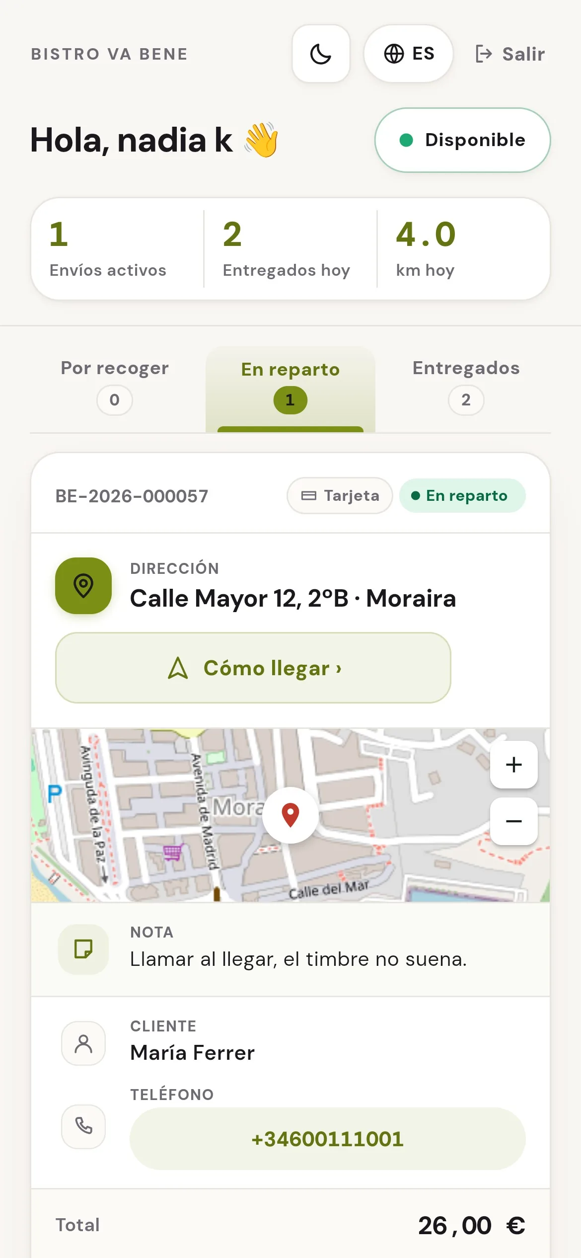 La app del repartidor con el pedido en camino y el mapa