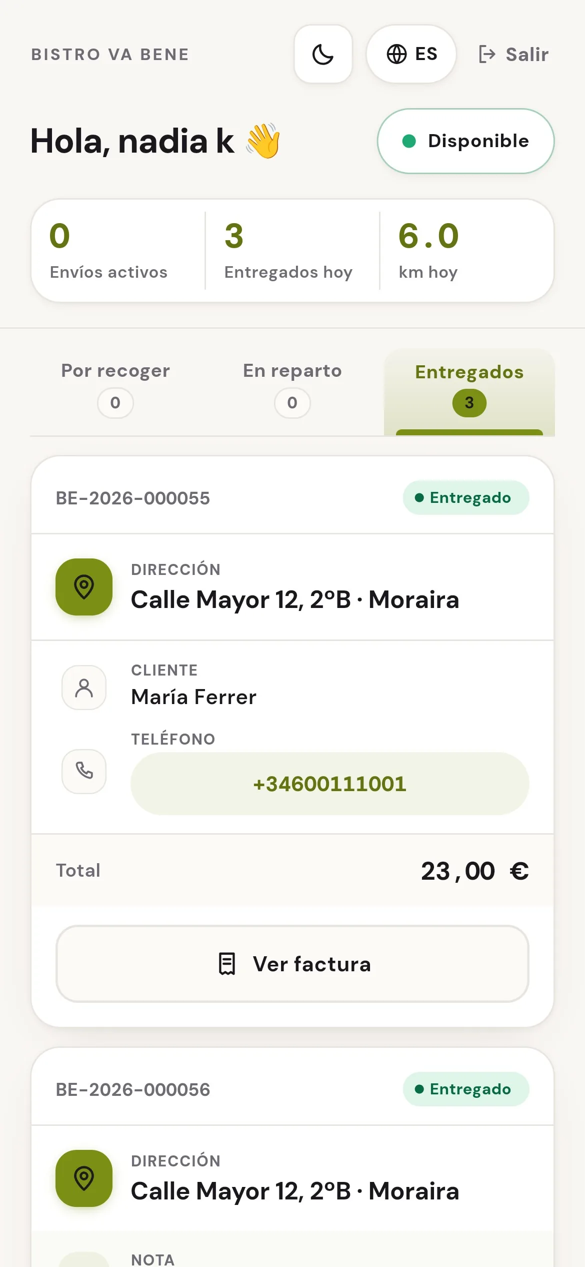 La app del repartidor con el pedido entregado