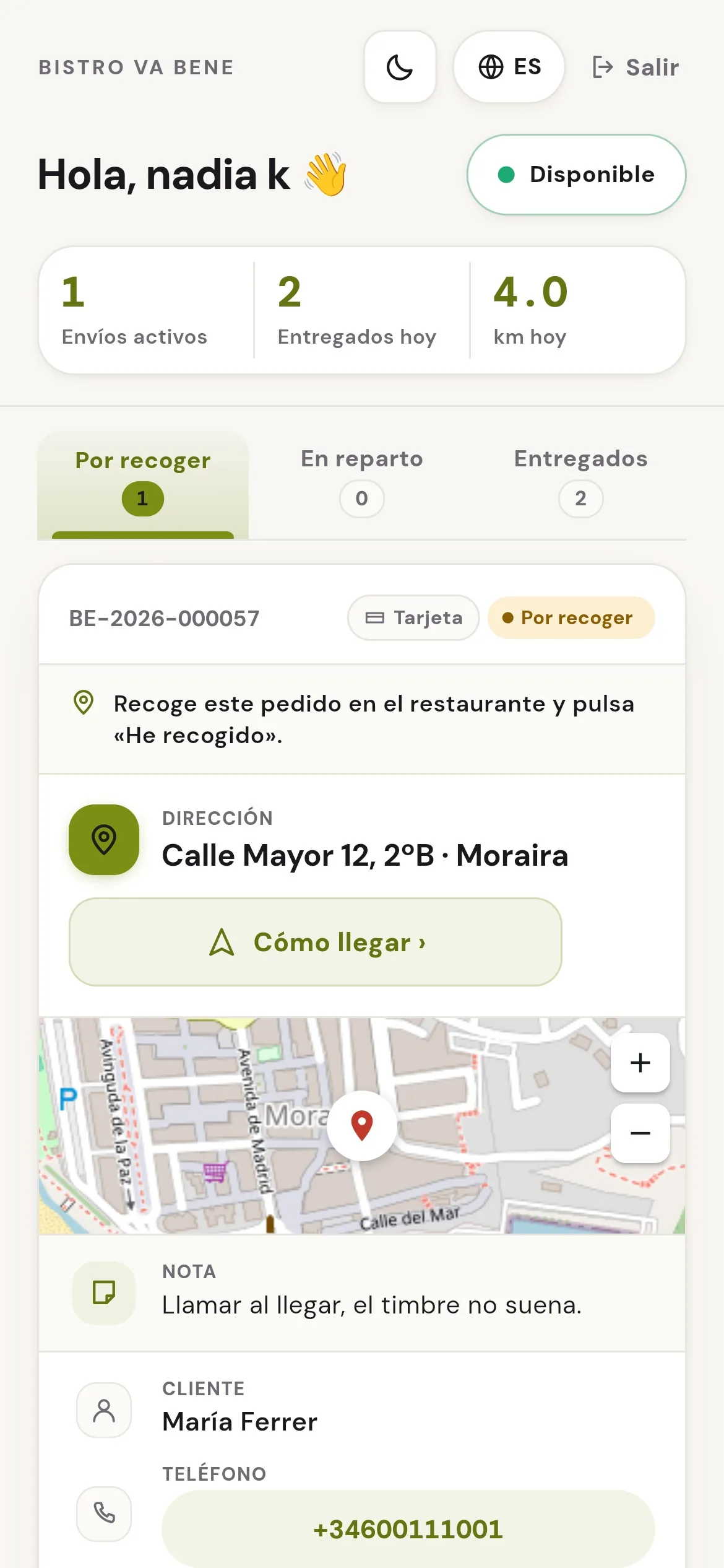 La app del repartidor con un envío asignado
