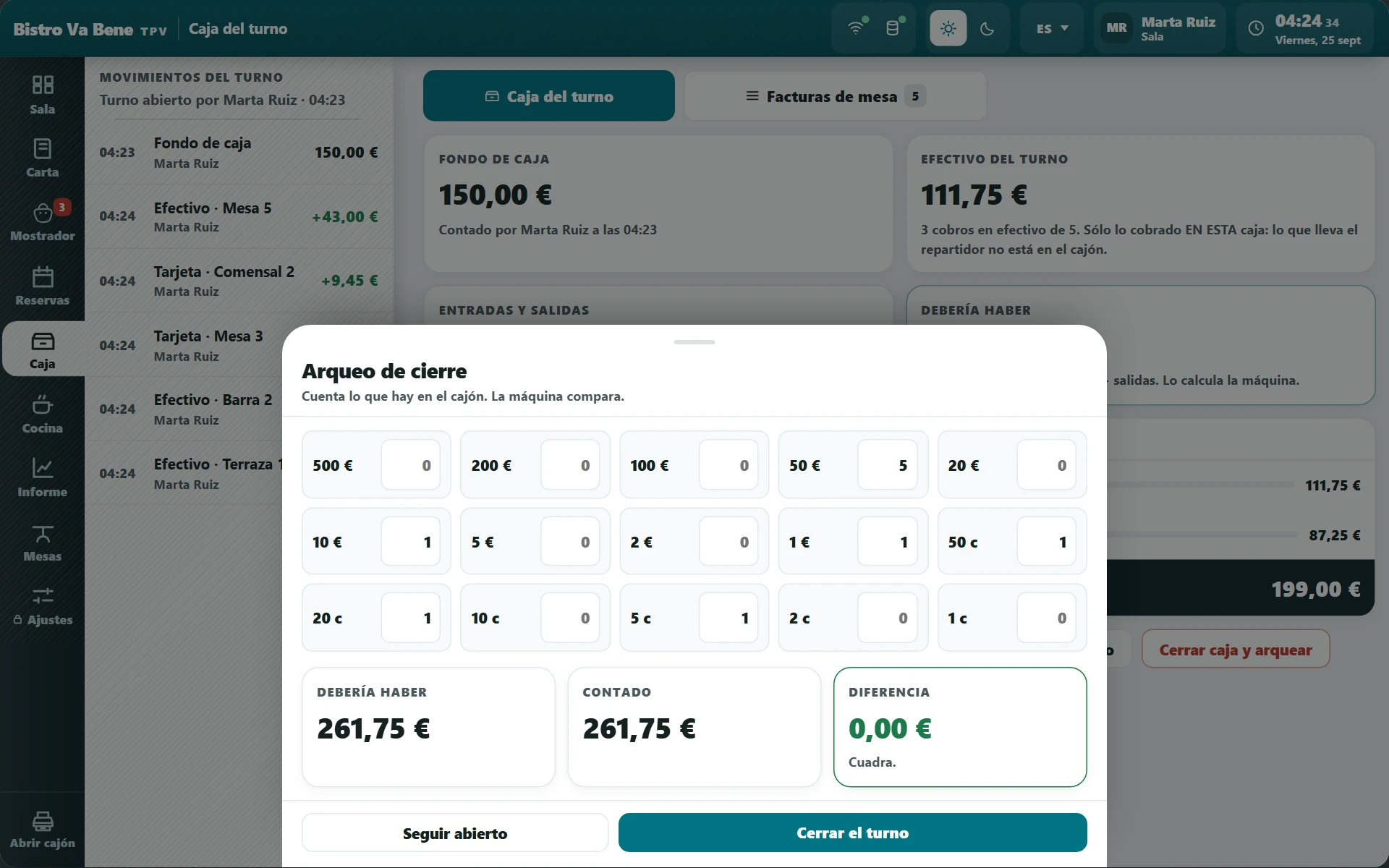 El arqueo de cierre de caja, contando billetes y monedas por denominación