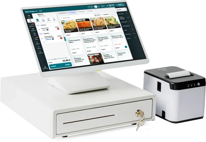 El TPV de caja con la cuenta de la mesa y la carta con fotos, sobre el cajón portamonedas y junto a la impresora de tickets